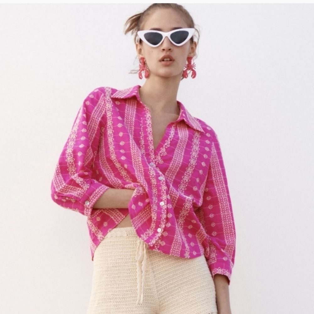 Ultra Pink Floral Boho Cotton Openwork Embroidery Blouse XL BNWT Retired 1 Left!